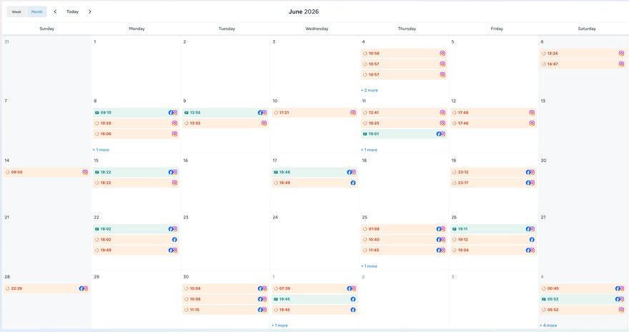 Scheduled Facebook and Instagram posts in a posting calendar